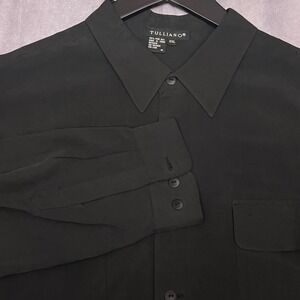 Tulliano Silk Button Down Shirt Mens XXL Black Long Sleeve Pocket Front